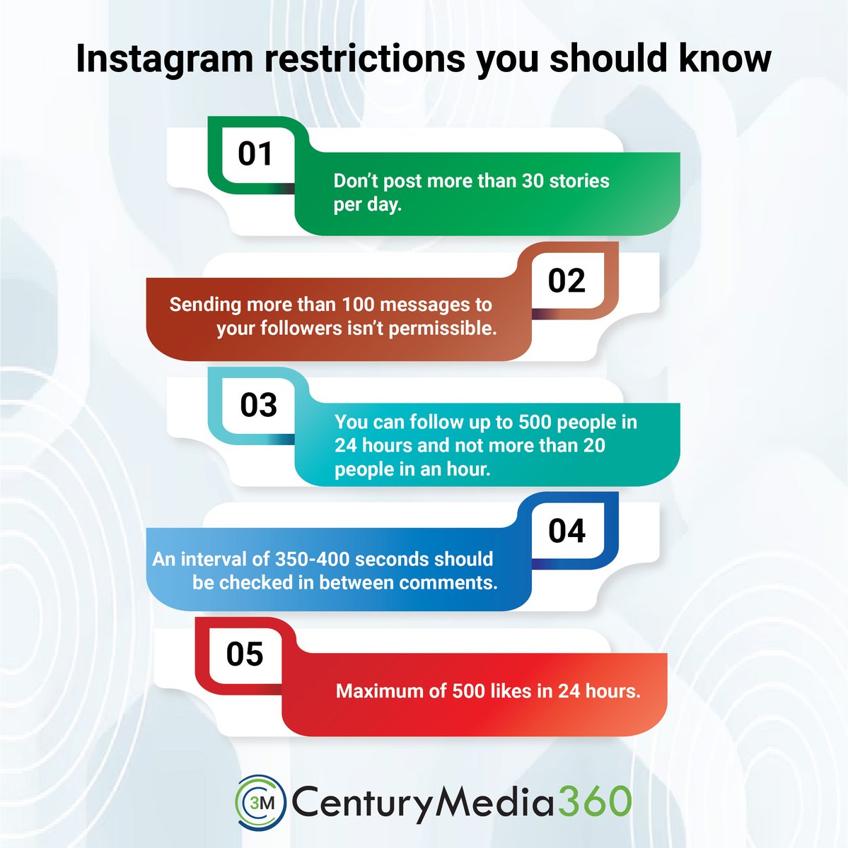 centurymedia360's tweet photo. Instagram proudly owns a wide follower count. To mention there are certain measures that should be abided to ensure your account don’t fall under the category of account suspension. To know what are the revised restrictions of the platform dive into our latest infographic. https://t.co/MQptlYL8BT