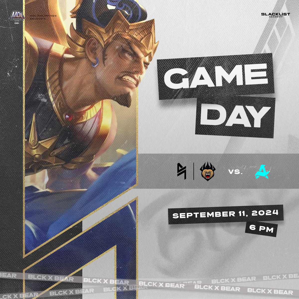 BLACKLISTINTL's tweet photo. Let's bring them inside the den where there are no lights, Agents!
Support us by watching our match against HUNT, as we battle for a score inside the Land of Dawn.
#BlacklistAcademy #BearEsports | #MDLPHS4 https://t.co/JLcG8R7cqD