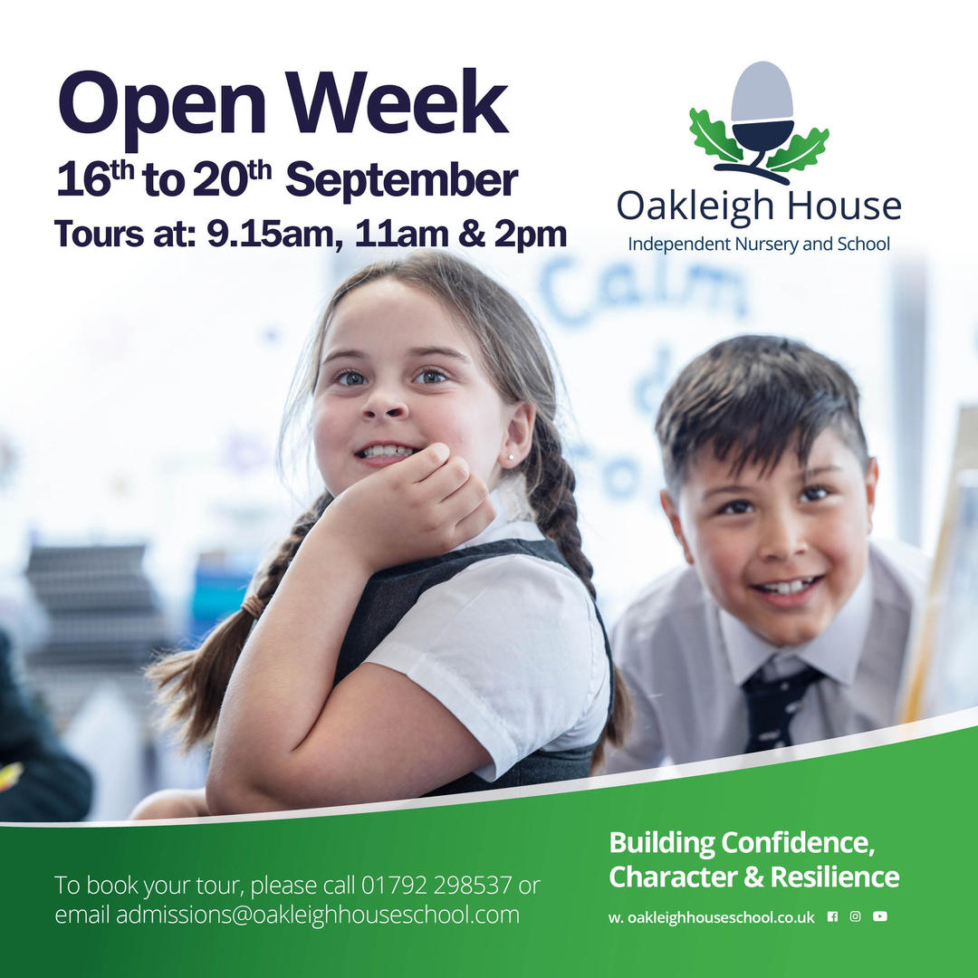 #OakleighHouseSchool have an Open Week starting next Monday, with tours available at 09:15, 11:00 and 14:00 

Book a tour:
📆 Monday 16th- Friday 20th September
📍 Oakleigh House Independent School, Penlan Crescent, Uplands
📧 admissions@oakleighhouseschool.co.uk
🤳 01792 298537