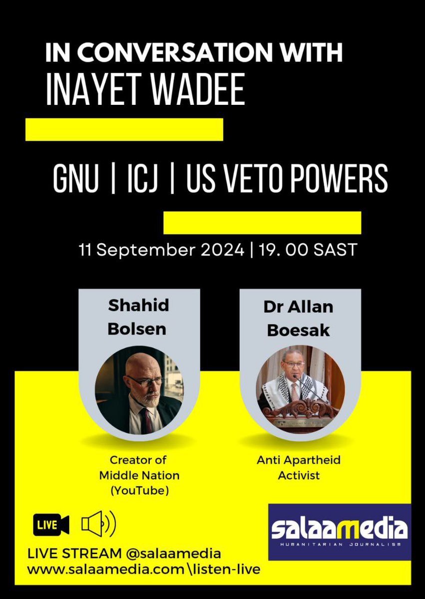 South Africa and the GNU, a Government of Conflicting Ideologies. 

Inayet Wadee in conversation with Shahid Bolsen, Creator of the Middle Nation on YouTube. 

Dr Allan Boesak, anti-Apartheid activist. 

youtube.com/watch?v=sRs9z3…