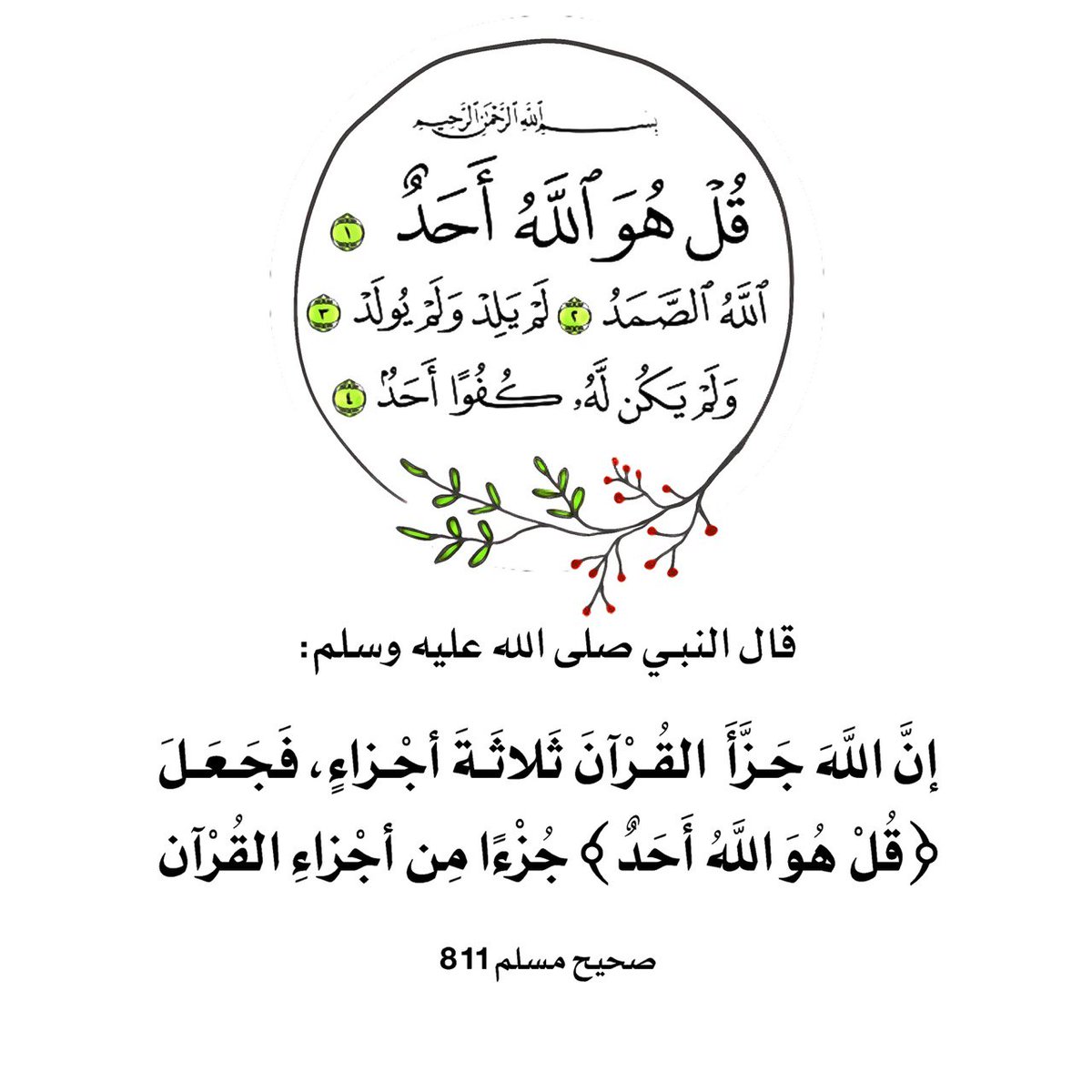 قال النبـي صلى الله عليه وسلم : ( إنَّ اللَّهَ جَزَّأَ القُرْآنَ ثَلاثَةَ أجْزاءٍ، فَجَعَلَ {قُلْ هُوَ اللَّهُ أَحَدٌ} جُزْءًا مِن أجْزاءِ القُرْآن )
    الراوي: أبو الدرداء. المحدث: مسلم. المصدر:  صحيح مسلم. الصفحة أو الرقم:  811. خلاصة حكم المحدث:  [صحيح]
#صباح_الاشياء_المشرقه