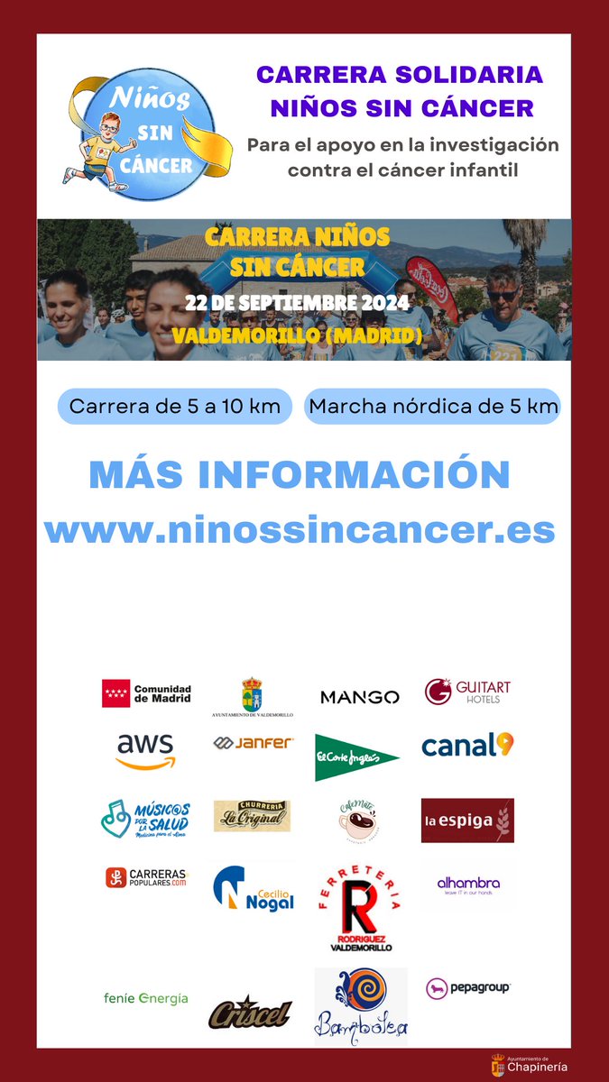 Ayuntamiento de Chapinería (@aytochapineria) on Twitter photo ¿Quieres apuntarte a una carrera por una buena causa?
Esta es tu oportunidad, consulta más información en: ninossincancer.es/participa/
<a href="/aytovaldemorill/">AytoValdemorillo</a> <a href="/FundacionOC/">Fundación OC Contra el Cáncer</a> <a href="/ComunidadMadrid/">Comunidad de Madrid</a> ¿Quieres apuntarte a una carrera por una buena causa?
Esta es tu oportunidad, consulta más información en: ninossincancer.es/participa/
<a href="/aytovaldemorill/">AytoValdemorillo</a> <a href="/FundacionOC/">Fundación OC Contra el Cáncer</a> <a href="/ComunidadMadrid/">Comunidad de Madrid</a>