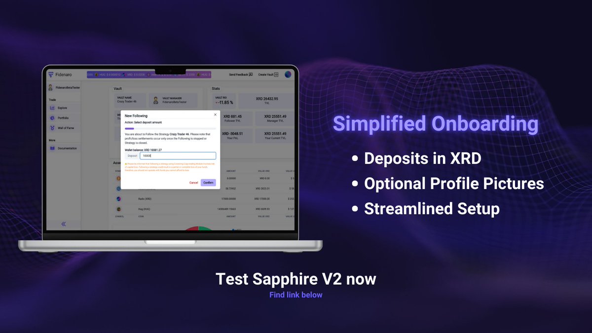 fidenaro's tweet photo. GM Radix Fam, today we show you our first topic of Sapphire V2: Simplified onboarding.

- Deposits in XRD: All deposits are now made via XRD.

- Optional profile pictures: Profile pictures are now optional during setup.

- Simplified setup: The requirement to activate the development modification has been removed. 

$XRD #SapphireV2