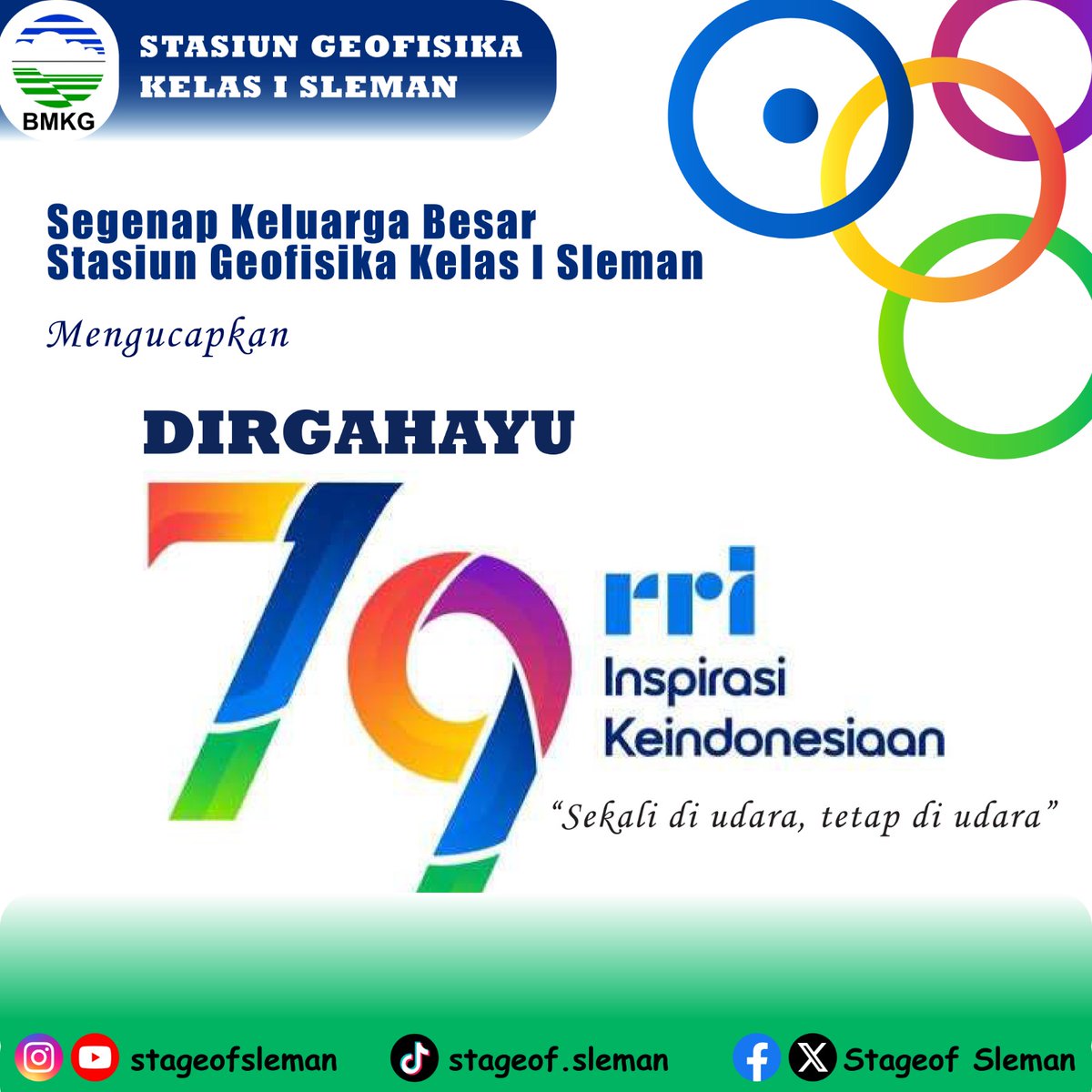 bmkgjogja's tweet photo. Dirgahayu ke-79 RRI dan Selamat Hari Radio Nasional.
Semoga RRI tetap menjadi garda terdepan dalam menyampaikan informasi di seluruh pelosok nusantara.
@rriyogyakarta @rri_official
#radiorri #rrijogja https://t.co/PbHJzX4Ov8
