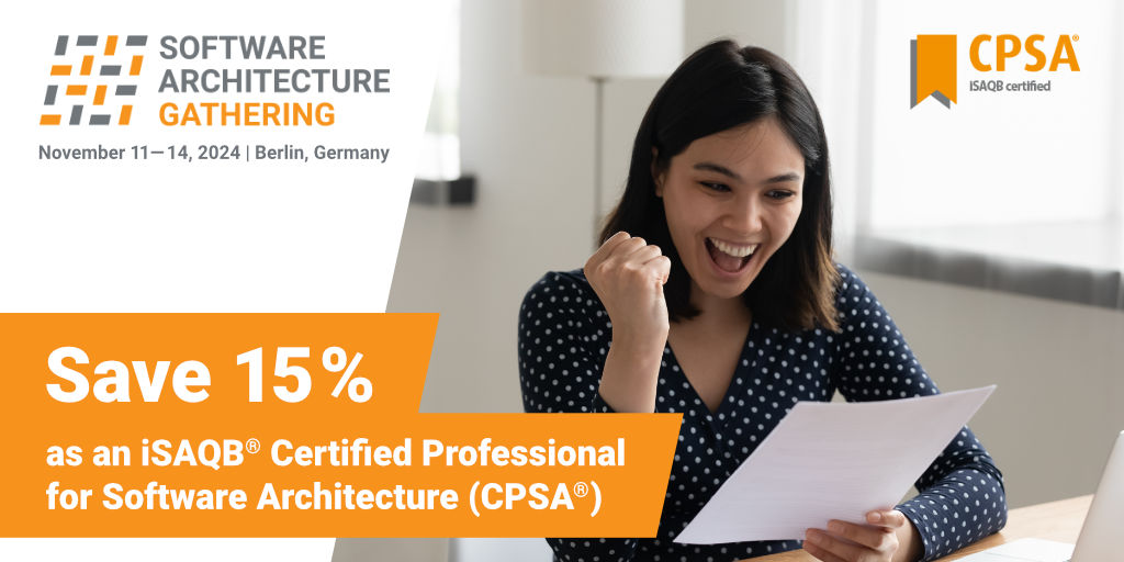 sag_conference's tweet photo. By the way: As an iSAQB® Certified Professional for Software Architecture (CPSA®) you get a 15% discount on #SAGconf tickets! 🎉 

Find out how here: https://t.co/wOnekmgKNW

#SAG2024 #iSAQB #conference #softwarearchitecture #softwarearchitectureconference #CPSA #Discount https://t.co/YRSPAZjurr