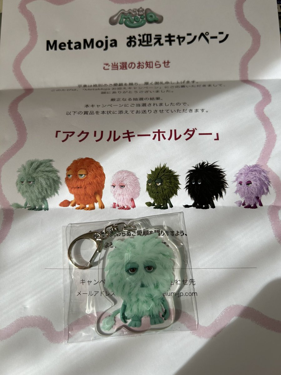 アクリルキーホルダー届きました‼︎
どのモジャをお迎え出来るかは、来てからのお楽しみ！当選報告をチラホラ見ていたので、ワクワクしながら、開封してみると…

／
🗣️ ミント〜
＼

めちゃくちゃ嬉しい！全モジャ、嬉しいですが、この表情、かわいすぎ‼︎一気に、大好きになりました
#metamoja