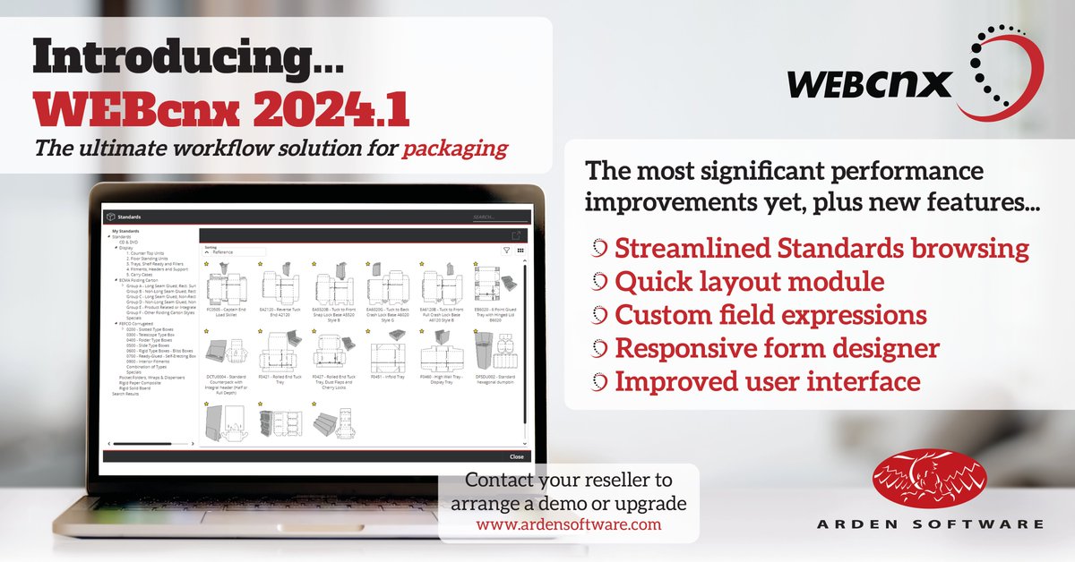 ArdenSoftware's tweet image. 📢 WEBcnx 2024.1 is here! 

Our latest software release brings powerful features like streamlined Standards Browsing, Quick Layouts, and an improved user interface.

Discover more: ardensoftware.com/webcnx-2024-1/

#WEBcnx2024  #PackagingSoftware #PackagingSolutions #Packaging