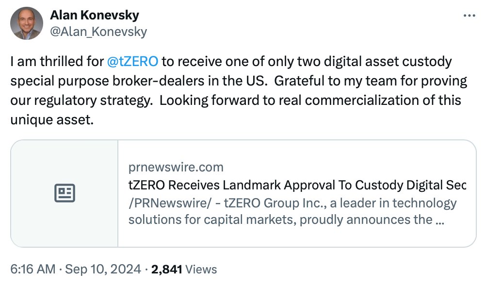 _TOBTC's tweet image. #tZero has become the second #FINRA-approved broker-dealer for digital asset securities, following #Prometheum.

 This designation allows tZero to custody, clear, and settle digital asset securities for clients without a third-party custodian. 

The company plans to leverage its