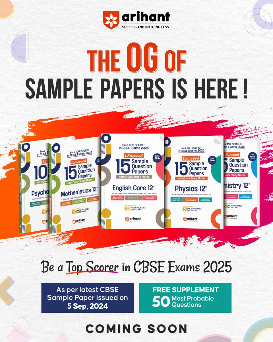 arihantpub's tweet image. The OG of Sample Papers is here!
Are you ready to crush the 2025 board exams? Look no further! iSucceed Sample Papers series is coming soon to make you exam-ready and A Top Scorer in CBSE Exams 2025.
Stay Tuned....
#samplepapers #cbsesamplepapers #cbsesamplepapersforboards