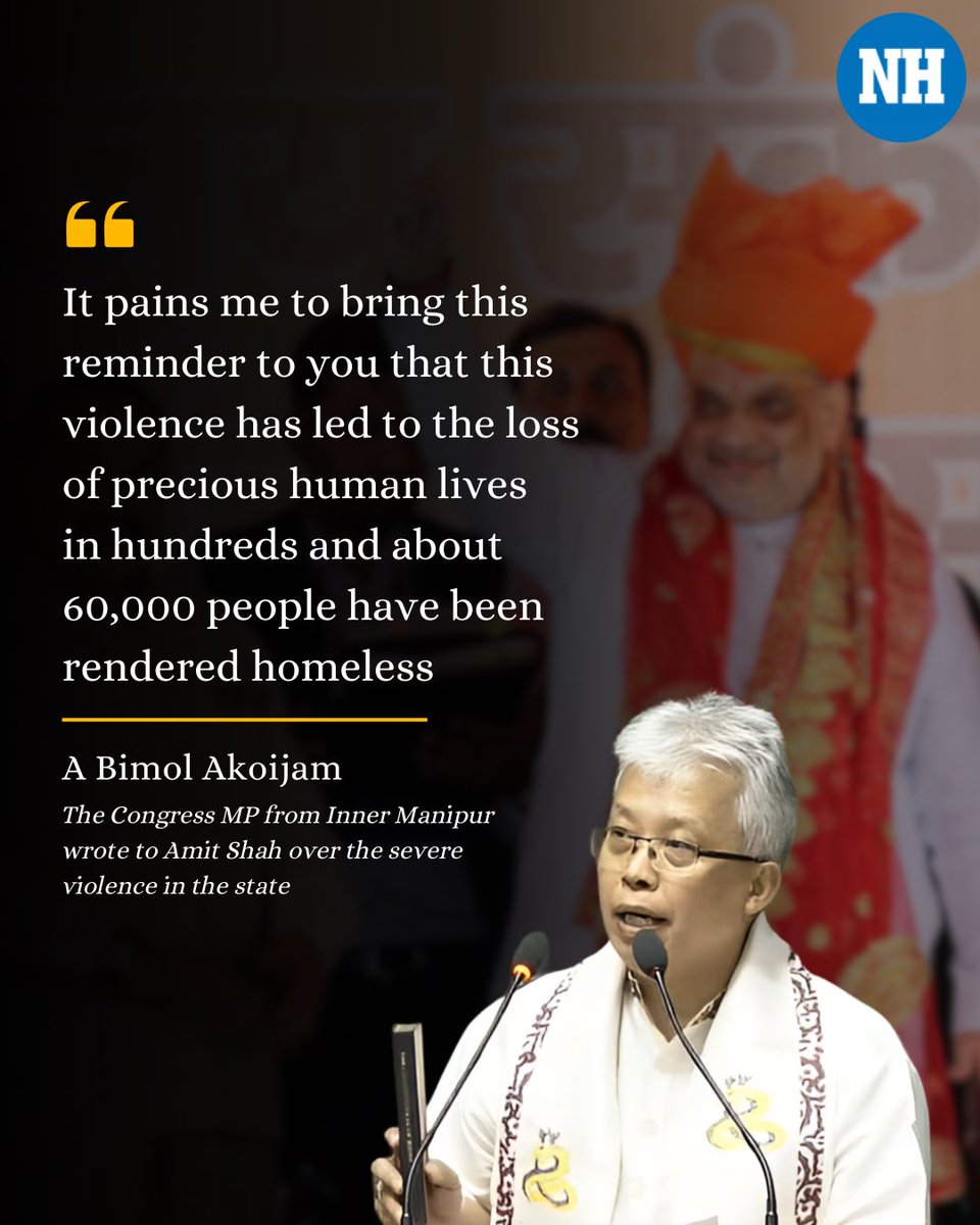 NH_India's tweet photo. #ABimolAkoijam, the #Congress leader and MP from #InnerManipur, today wrote to #HomeMinister #AmitShah expressing deep anguish over the "unprecedented violent crisis" in #Manipur and called for "corrective measures" such as ensuring that the security forces act decisively https://t.co/XdXzTIsgmv