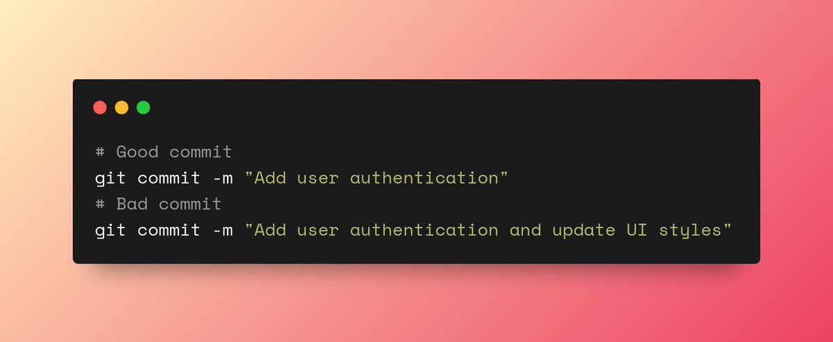 codefern's tweet image. 💡Git Tip:
Keep commits atomic and focused. One logical change per commit. Use clear and descriptive messages that explain what and why the change was made.
This helps others (and your future self) understand the code without diving into it.
#Git #CodingBestPractices