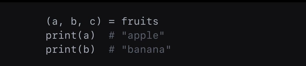 iv_orr's tweet image. You can use tuples for unpacking, which allows you to assign tuple values to variables. Tuple unpacking simplifies your code! #PythonUnpacking #CodeNewbie