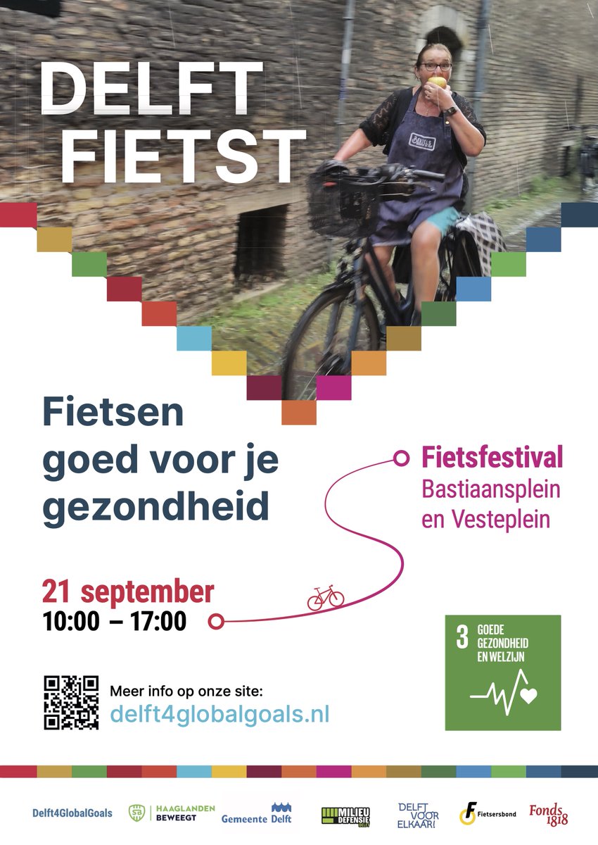Kom ook naar festival 'Delft Fietst!' op zaterdag 21 september van 10 tot 17 uur op het Bastiaansplein en het Vesteplein. Over fietsen en gezondheid, klimaat, werk en inclusiviteit. Met escaperoom, diverse optredens en een heus BMX-parcours!