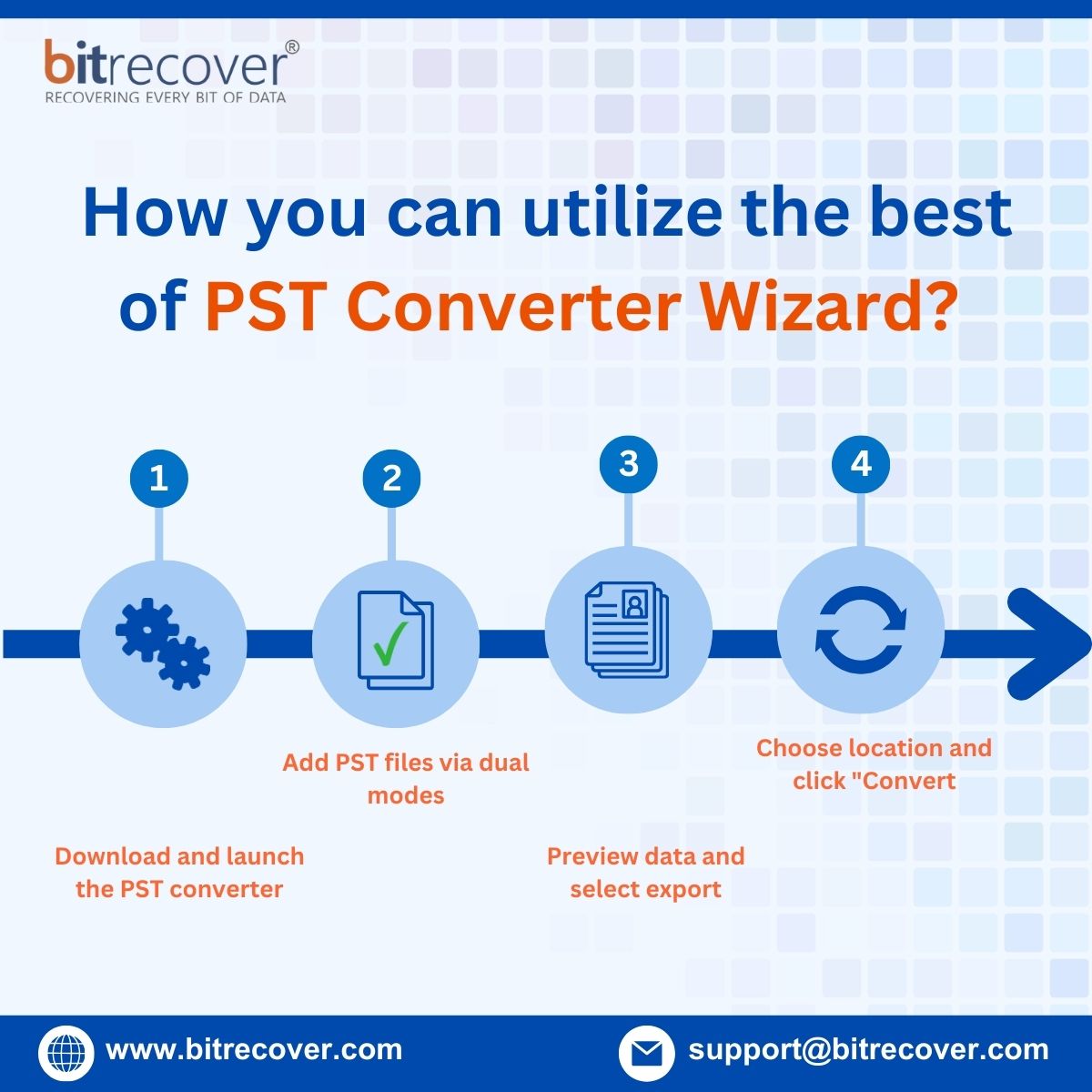 bitrecovers's tweet image. Get ready for a smooth, hassle-free PST file conversion today. bitrecover.com/pst-converter/
Simply, Download, Add PST files, Preview data, Choose location and click on &quot;Convert&quot;.
#PSTConverter #BitRecover #PSTtoMSG #FileConversion #DataMigration