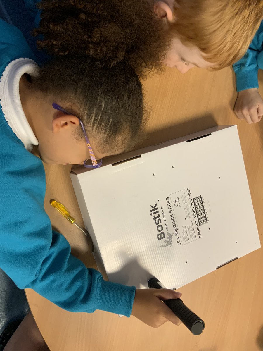 Year 3 started their investigation of light by hiding objects under a box. Step by step they added holes but still could not see the objects. Finally they added a torch and evaluated that we need light to see and that it travels in straight lines. Well done Otter Class!
