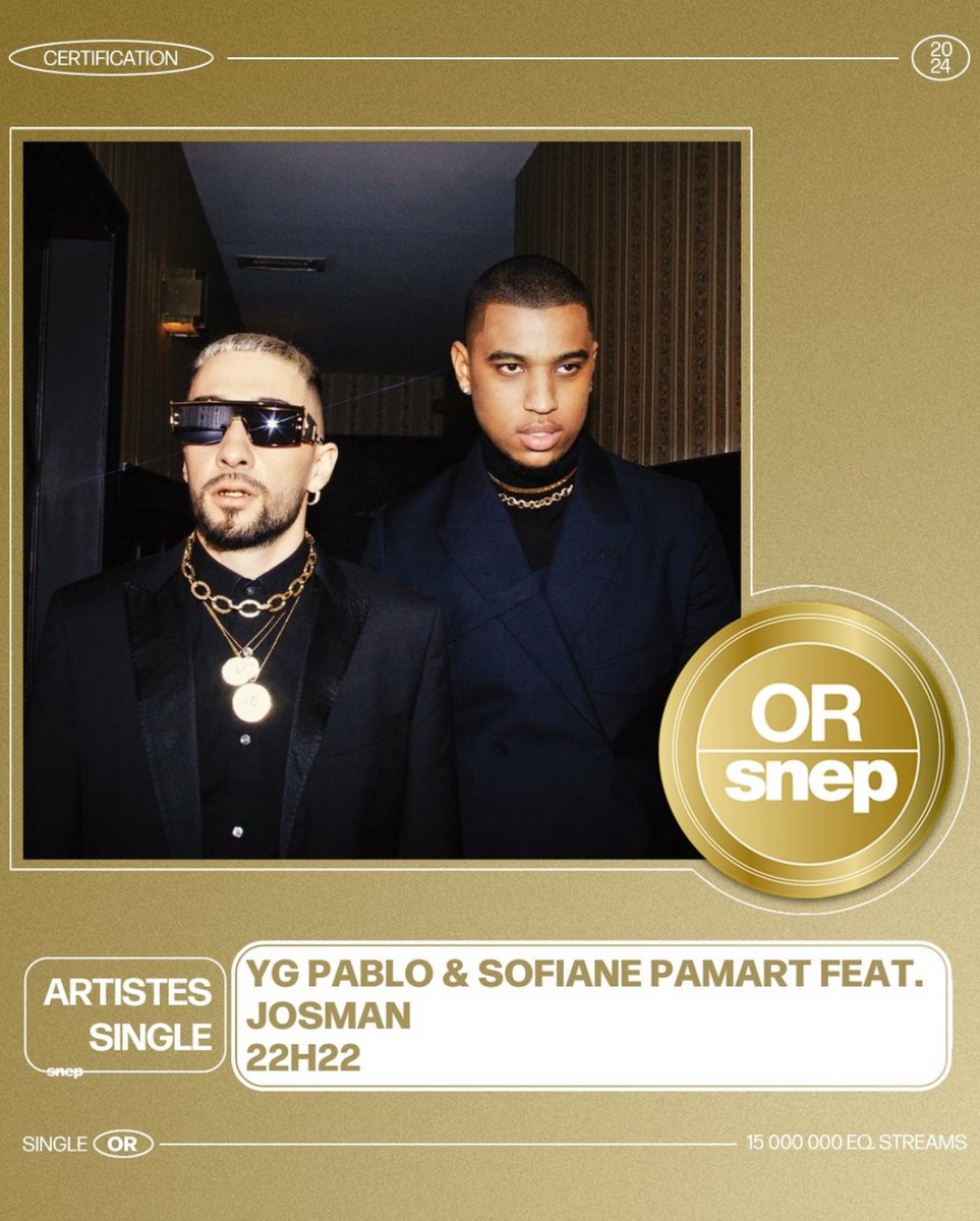 Le titre 22h22 de YG Pablo, Sofiane Pamart et Josman, est certifié single d'or par la SNEP! Heureux d'avoir pu réaliser le mixage de la version Dolby Atmos de ce titre, et de fêter la première certification du studio! Bravo et merci à toute l'équipe!