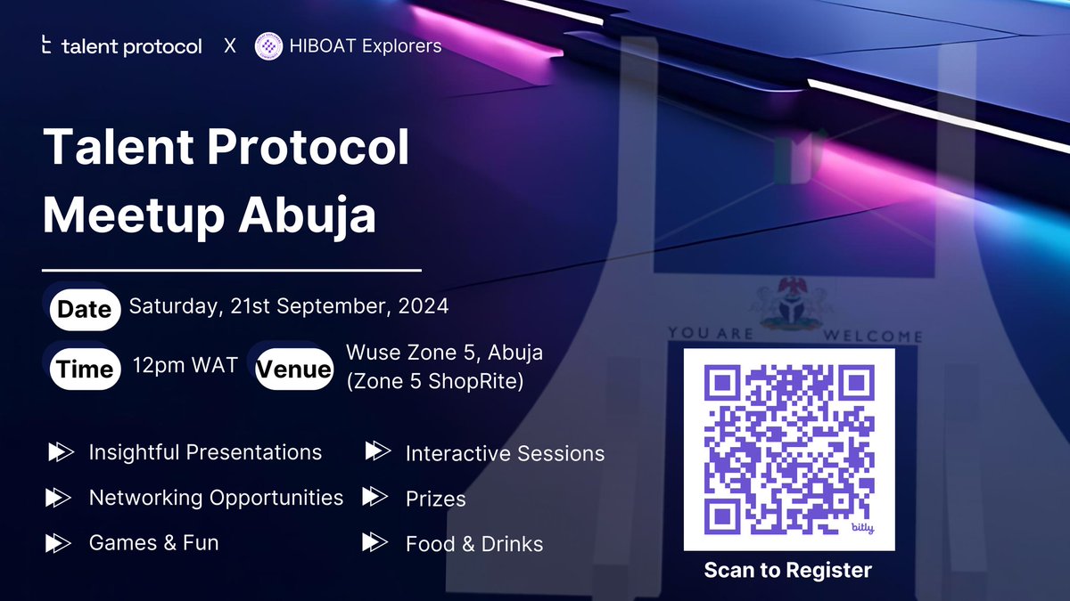 HIBOATXplorers's tweet photo. Hey Builders 👋

We are excited to announce the @TalentProtocol Meetup in Abuja 🇳🇬

🗓️ Sat, Sep 21, 2024  
🕛 12pm WAT

Clear your calendar, invite your friends, and secure your spot! Limited seats available!

Register 👉 https://t.co/jl4PleET4t

#TalentMeetupAbuja #BuildnOnchain https://t.co/V13EgPJGxb