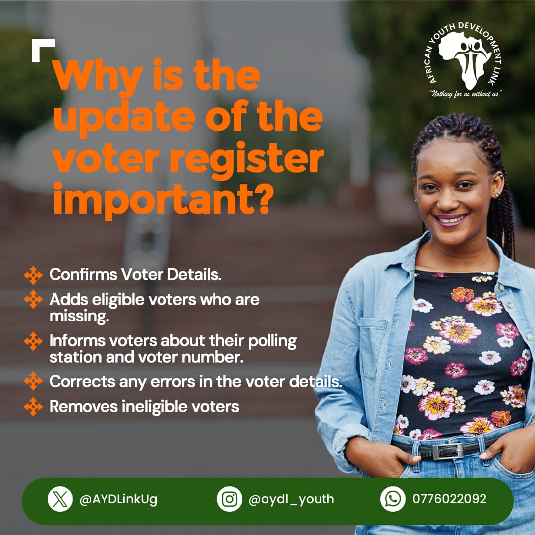AYDLinkUg's tweet photo. So guys, elections are around the corner 🗳 ☑️

Is your name on the voters register?

Here are some of the reasons why you must ensure to check and update your details on the voters register. 

#FunaID #VoterReadyUg #ECRoadMap https://t.co/c9piFw0CFr