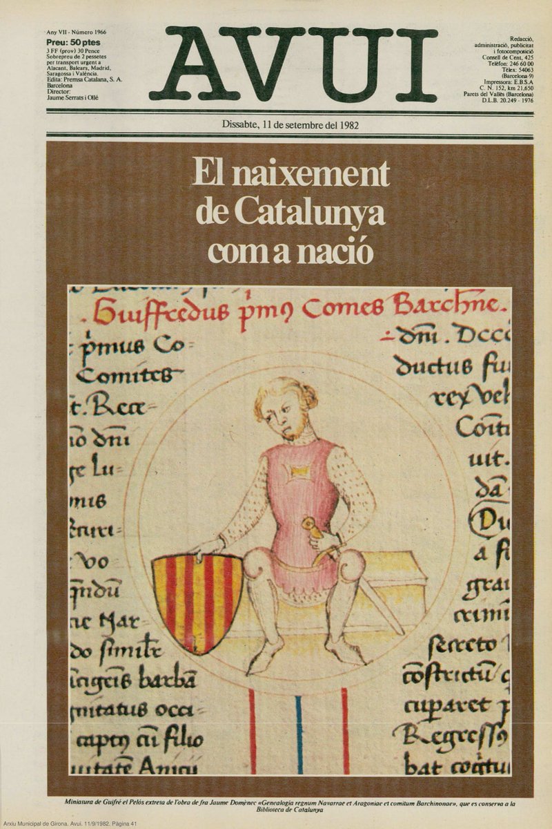 Avui, Onze de setembre, volem compartir amb vosaltres l'especial a color "El naixement de Catalunya com a nació", publicat tal dia com avui fa 42 anys.

Us desitgem una molt bona Diada Nacional de Catalunya! pandora.girona.cat/viewer.vm?id=9… (p. 41)