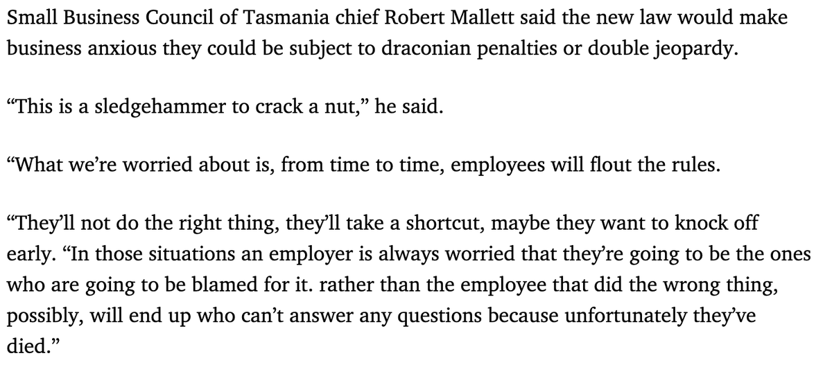 Check out what Small Business Council of Tasmania chief Robert Mallett said about industrial manslaughter laws that just passed parliament....