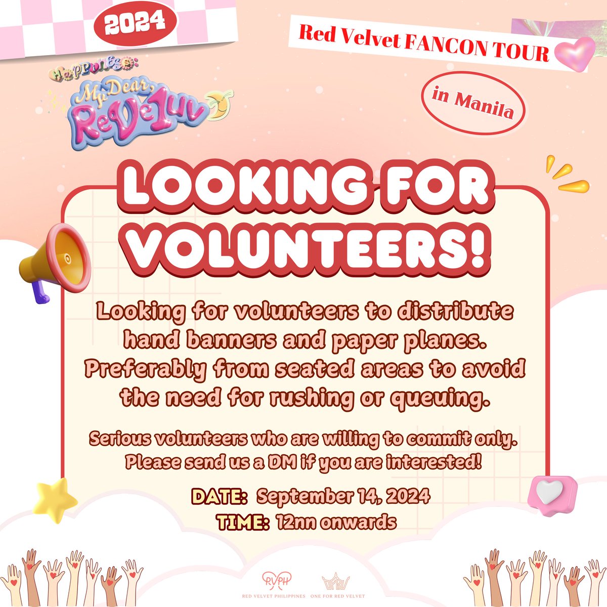 Be a part of the Red Velvet fancon magic! ✨ We need volunteers to assist with handing out banners and paper planes. Preferably from seated areas. Join us in creating an amazing experience for all! 💚💜🩷💛🩵

Please send us a DM if you are interested. Thank you! 🙇🏻‍♀️

<a href="/oneforRV5/">One for Red Velvet</a>
