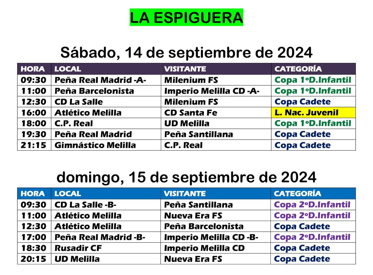 Primeros horarios de la temporada 2024-2025