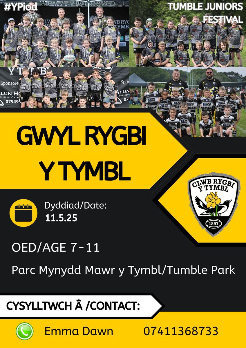 ***Tumble Minis RFC Festival 2025***

Join us for an exciting day of rugby and fun! 

Open to age groups: U7s, U8s, U9s, U10s, and U11s.

For more information, contact Emma Dawn at 07411 368733.

Please share with all clubs!

⚫⚪🏉👍🏻 #YmlaenYPiod #Piodbach