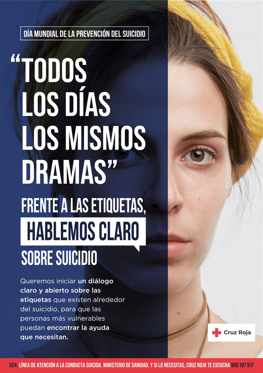CREMalaga's tweet photo. Desde Cruz Roja instamos a iniciar un diálogo sobre las etiquetas del #suicidio para que las personas más vulnerables puedan encontrar ayuda

Línea de Atención a la Conducta Suicida del Ministerio de Sanidad ➡️ 024
 Y si lo necesitas, Cruz Roja Te Escucha ➡️ 900 107 917 https://t.co/QaOGEycfBX