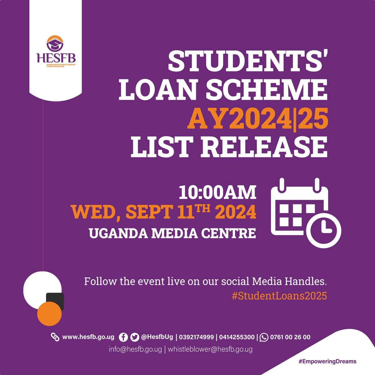 Today, @HESFBUG releases the list of the 10th Cohort of the Student Loan Scheme Beneficiaries at the <a href="/UgandaMediaCent/">Uganda Media Centre</a>

To the successful ones, congrats in advance. To those who will not make it to the list, remember over 𝟔𝟎𝟎𝟎  applied and only 𝟏,𝟖𝟑𝟖 could be accommodated.