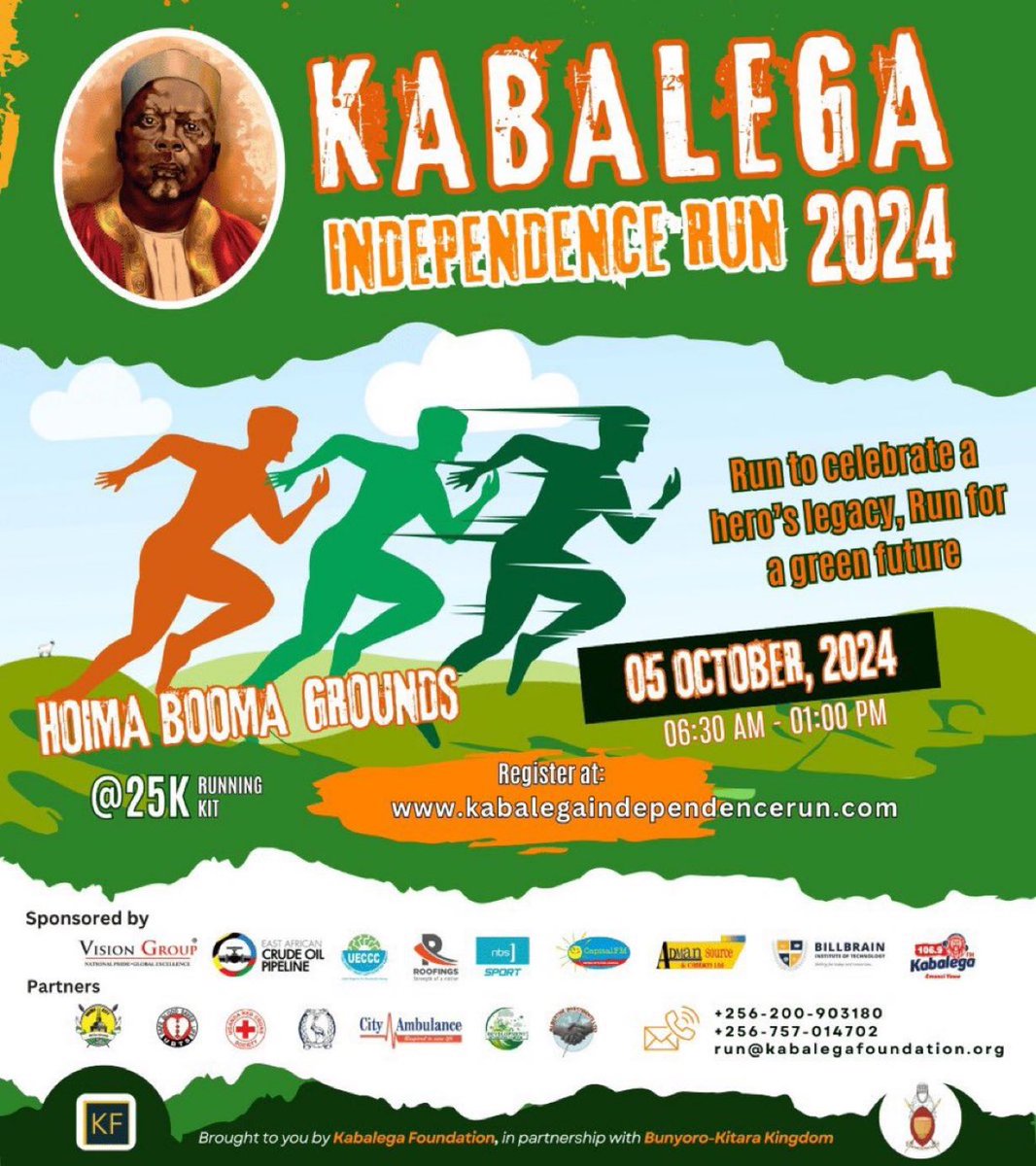 Ready to run for the environment? 

The #KabalegaIndependenceRun2024 is happening on October 5 at Booma Grounds, Hoima. 

Grab your running kit for Ugx 25,000 and make a difference #GreenFuture