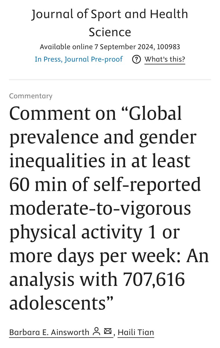 Javier B Sayavera (@jbsayavera) on Twitter photo Interesting commentary in the <a href="/JSHS_MedHealth/">Journal of Sport and Health Science (JSHS)</a> on the need of exploring health benefits for different frequencies of meeting #PhysicalActivity guidelines in children and adolescents.
Based on different studies like the #GlobalMatrix <a href="/activehealthyk1/">@activehealthykids.org</a>
🔗sciencedirect.com/science/articl… Interesting commentary in the <a href="/JSHS_MedHealth/">Journal of Sport and Health Science (JSHS)</a> on the need of exploring health benefits for different frequencies of meeting #PhysicalActivity guidelines in children and adolescents.
Based on different studies like the #GlobalMatrix <a href="/activehealthyk1/">@activehealthykids.org</a>
🔗sciencedirect.com/science/articl…