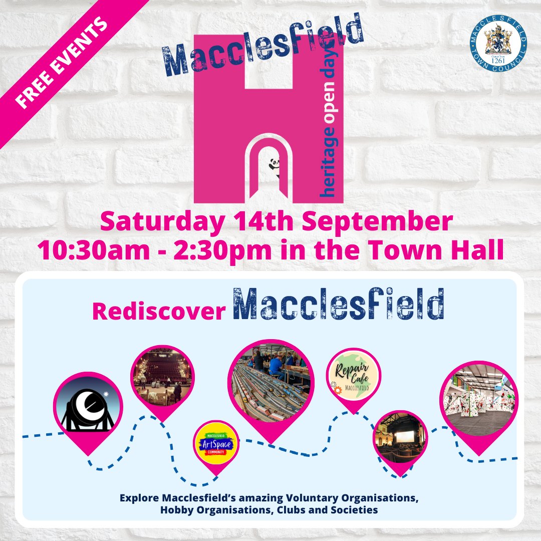 Macclesfield's very own #HeritageOpenDays is happening this Saturday.  With a 'freshers' style fair in the Town Hall encouraging you to rediscover #Macclesfield and pick up a new hobby, to establishments all over the town throwing open their doors

#MacclesfieldBetterTogether
