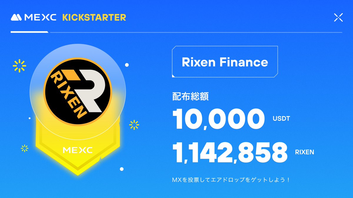 ◤◢◤世界初上場🚀◢◤◢

#MEXC #Kickstarter 開催🚀
#RIXEN <a href="/RixenFinance/">Rixen</a>

🗳️ $MX を投票して
1,142,858 $RIXEN &amp; 10,000 $USDT の
エアドロップをゲットしよう！

✅登録資格：9/11 1:00(日本時間)までに24時間連続で1,000 MX以上を保有
📅投票期間：9/11 19:00 ~ 9/12 18:50(日本時間)