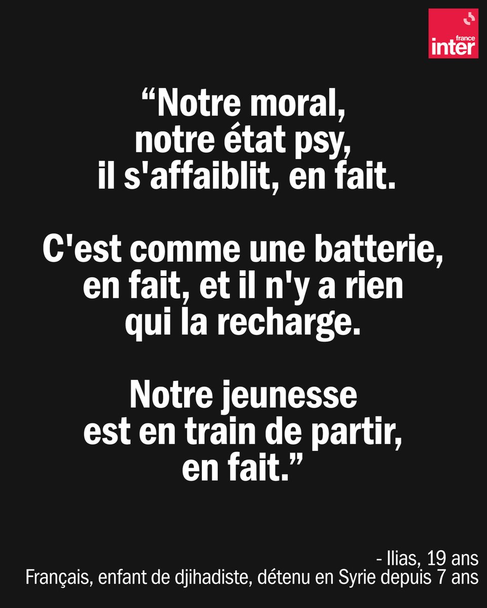 🔴 Document exceptionnel : dans le nord-est de la #Syrie, 30 000 enfants de djihadistes grandissent enfermés, sous la surveillance des Kurdes. Parmi eux, une centaine de jeunes Français ; témoignages. ➡️ l.franceinter.fr/UE1

Reportage : <a href="/gaele_joly/">Gaële Joly</a>, Raymond Albouy

#Le57Inter