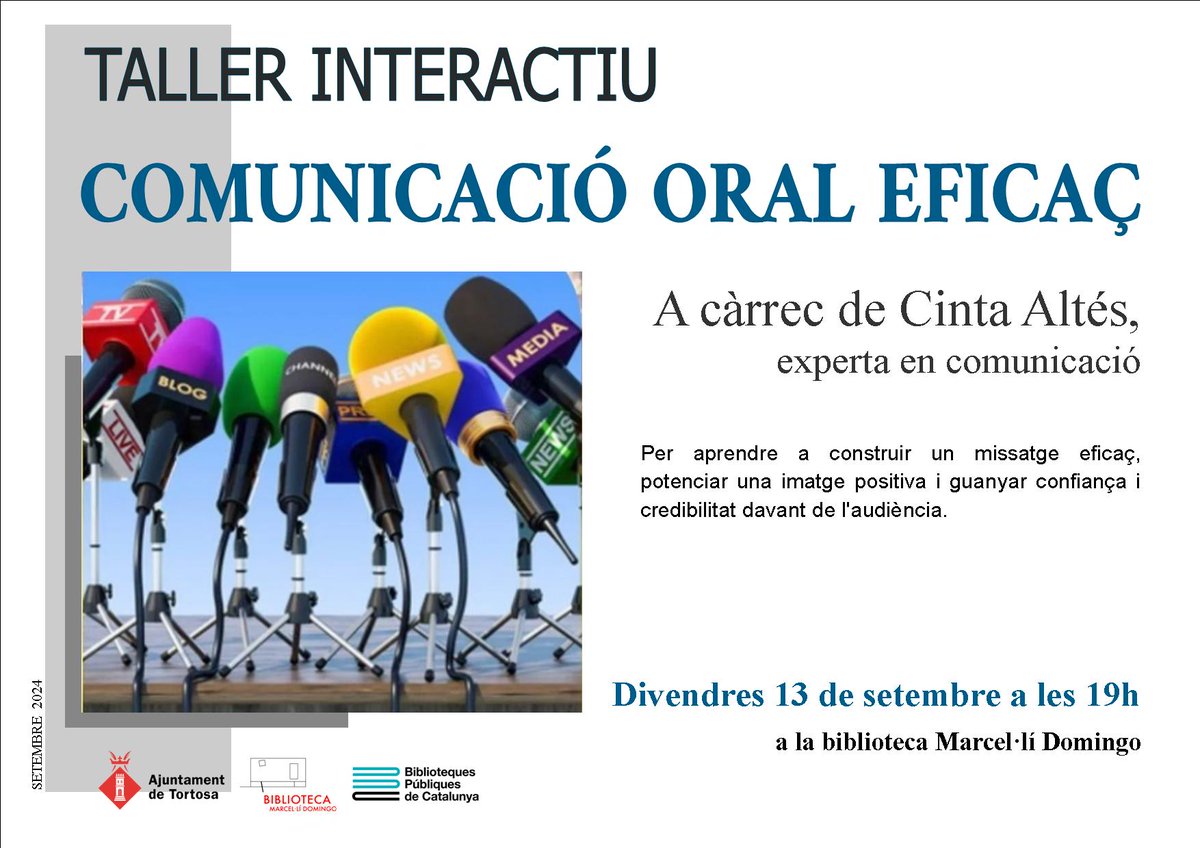 Taller de COMUNICACIÓ ORAL EFICAÇ

📅divendres 13 sept 2024
⌚ 19:00 - 20:00h (1h)
🏫Biblioteca de Tortosa

Vine si vols aprendre a construir un missatge eficaç, projectar confiança, connectar amb l'audiència i ademés disfrutar comunicant! 🗣️

#comunicacionoral  #speechcoach