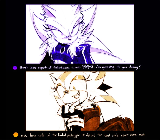 warmup ft. me and @emthimofnight's fankids 💜💛
a first meeting..? or an angsty pseudo-sisterly quarrel..!
#sonadow #fankid #sonic #oc 