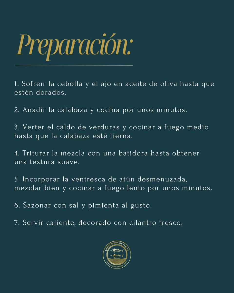 Sopa de calabaza y ventresca de atún 🎃 El ingrediente del otoño fusionado con nuestra increíble #Ventresca de Atún, ¿qué puede salir mal? 🐟

Añade un toque gourmet a tus platos con esta combinación perfecta. 🛒 ¡Haz tu pedido!

conserveradetarifa.es

#ConserveraDeTarifa