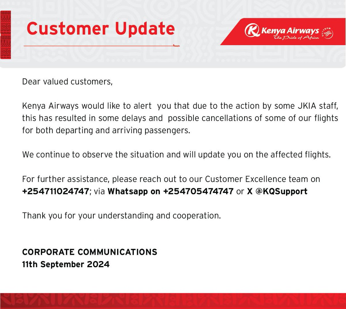The strike is being fueled by misinformation.

Let’s address the key points:

1. JKIA's Capacity: Built in 1978 to accommodate 7 million passengers, JKIA is currently handling 9-10 million passengers, exceeding its original capacity.

2. 2014 Fire Incident: Following the fire