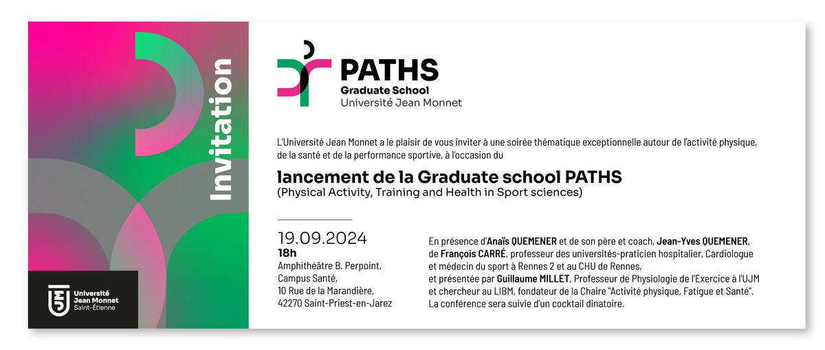 🚨 Gratuit !📢Conférences, projections, et table ronde sur la PERFORMANCESPPORTIVE et PREVENTION PAR L'ACTIVITE PHYSIQUE, suivi d'un buffet 
 le 19/09 18h-22h <a href="/Univ_St_Etienne/">Université Jean Monnet Saint-Étienne</a> campus Santé, 42270 St-Priest-en-Jarez
Inscriptions 👉 rb.gy/ze9l1d