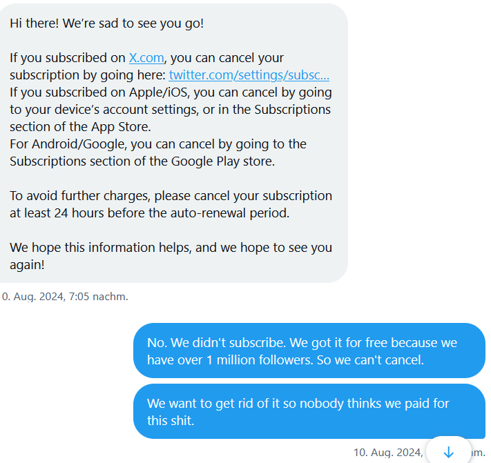 Der_Postillon's tweet photo. (1/3) Wenn man beim Twitter Support versucht, das "Premium"-Blauhaken-Gratis-Abo zu stornieren, das man nie wollte: https://t.co/RWs27zWy97
