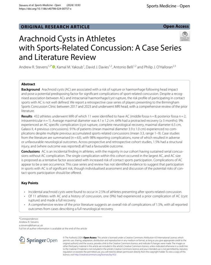 Phil O'Halloran (@philohalloran) on Twitter photo Arachnoid cysts in contact sport athletes ….what do you do? 🧠🤕
1st adult case series worldwide published from our unit <a href="/SportsMedicineJ/">Sports Medicine</a>
Great work <a href="/AndrewRStevens/">Andrew Stevens</a>
sportsmedicine-open.springeropen.com/articles/10.11… Arachnoid cysts in contact sport athletes ….what do you do? 🧠🤕
1st adult case series worldwide published from our unit <a href="/SportsMedicineJ/">Sports Medicine</a>
Great work <a href="/AndrewRStevens/">Andrew Stevens</a>
sportsmedicine-open.springeropen.com/articles/10.11…