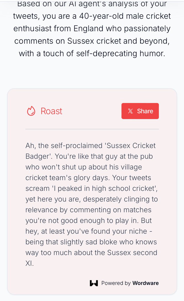 Littlehampton CC (@littlehamptoncc) on Twitter photo <a href="/scbadger/">sussexcricketbadger</a> <a href="/HailshamCC/">Hailsham Cricket Club</a> Thanks for all the entertainment… always a great account when it wasn’t your club being mentioned 😂
and talking of Chat GPT, they have provided a nice roast Badger <a href="/scbadger/">sussexcricketbadger</a> <a href="/HailshamCC/">Hailsham Cricket Club</a> Thanks for all the entertainment… always a great account when it wasn’t your club being mentioned 😂
and talking of Chat GPT, they have provided a nice roast Badger