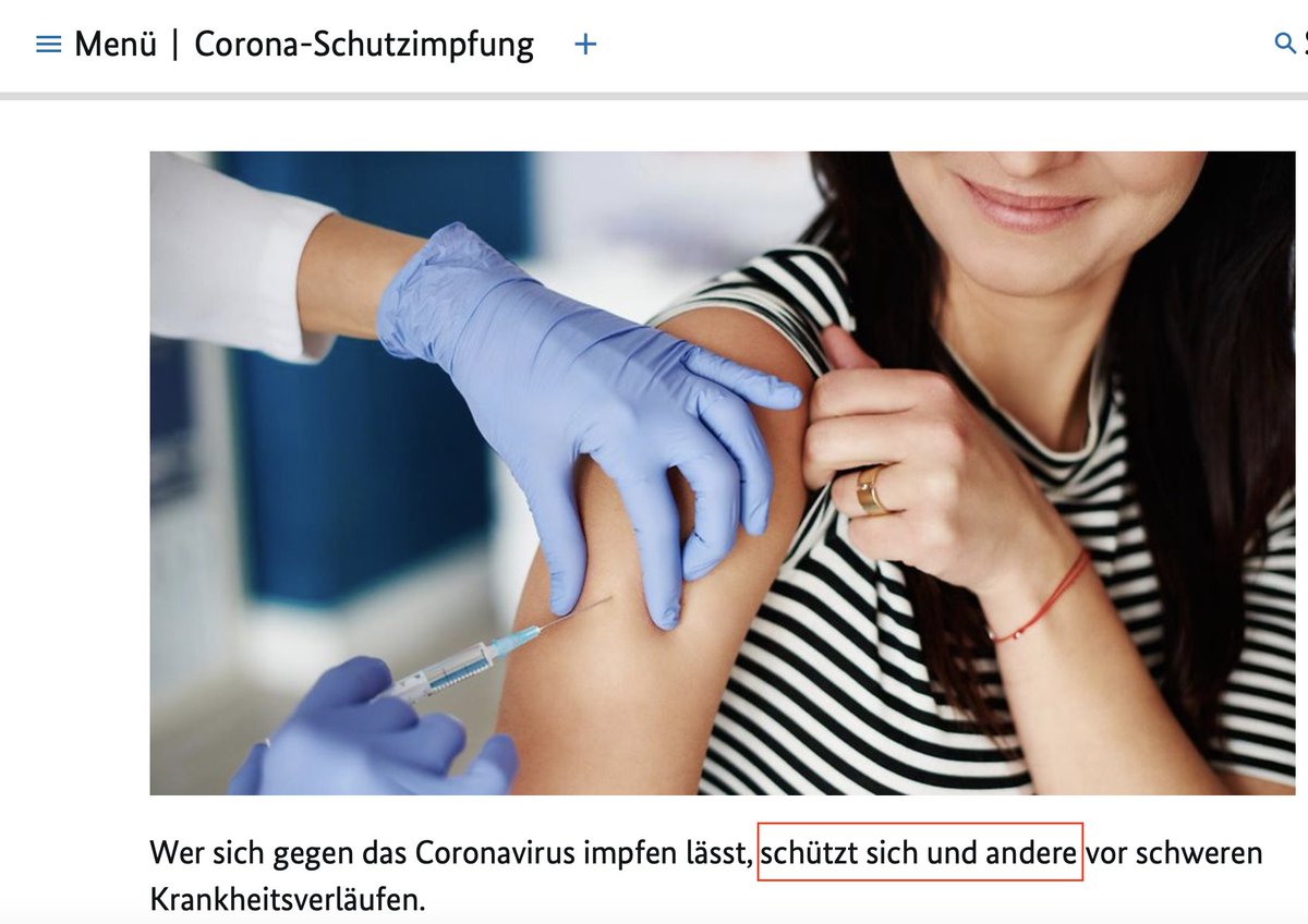 Auf der Seite des Bundespresseamtes findet sich, neben dem Verweis auf "Umgang mit #Desinformation" jener auf "Coronavirus in 🇩🇪". Dort wird behauptet "#Corona-Schutzimpfung" würde Fremdschutz gewährleisten:  "....schützt sich und andere...". Seite wurde 2024 aktualisiert.🤔🫣