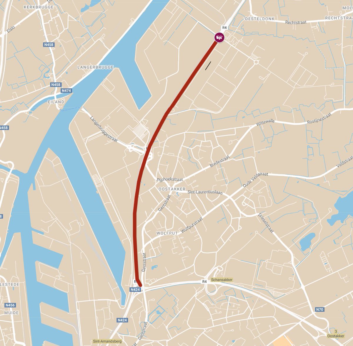 Grote verkeershinder op de John F. Kennedylaan (R4) richting Zelzate. Door een ongeval is de weg volledig afgesloten tussen de turborotonde en de Skaldenbrug. Rij via een andere weg.