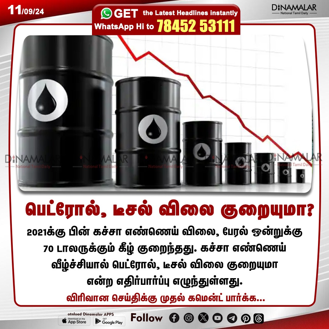dinamalarweb's tweet image. பெட்ரோல், டீசல் விலை குறையுமா?
#Petrol| #Diesel| #Petrolrate
dinamalar.com