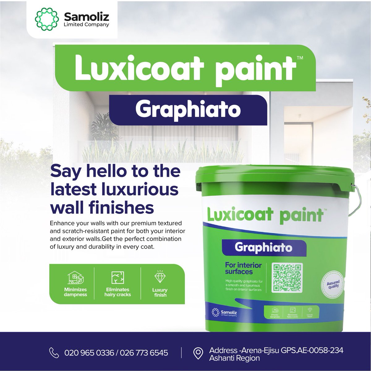 "Give your exterior or interior walls the makeover they deserve with Luxicoat Graphiato Paint. Our premium textured finish adds a timeless elegance to any space”. #InteriorDesign #ExteriorDesign #LuxicoatGraphiato #HomeDecor #Samolizltdcompany