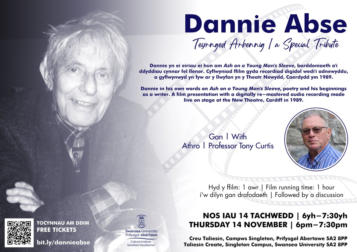 Cultural Institute - Swansea University (@culture_swanuni) on Twitter photo A very special tribute to the celebrated late writer, Dannie Abse, with Prof. Tony Curtis. Featuring a film presentation with a digitally re-mastered audio recording made live on stage in 1989.
šļø Thurs 14 Nov
š§ 18:00 - 19:30
š <a href="/TaliesinCreate/">Taliesin Create</a>
ā¹ļø bit.ly/dannieabse A very special tribute to the celebrated late writer, Dannie Abse, with Prof. Tony Curtis. Featuring a film presentation with a digitally re-mastered audio recording made live on stage in 1989.
šļø Thurs 14 Nov
š§ 18:00 - 19:30
š <a href="/TaliesinCreate/">Taliesin Create</a>
ā¹ļø bit.ly/dannieabse