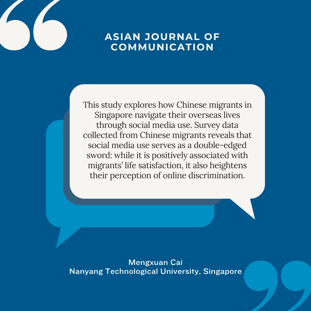 AsianJComm's tweet photo. Social media serves as a double-edged sword for Chinese migrants in Singapore! While boosting life satisfaction, it also increases perceived online discrimination. Understand  the role of  self-esteem in all this. Read more https://t.co/f2xGnw6bwZ @caicaimengxuan https://t.co/EvRxjRLD56