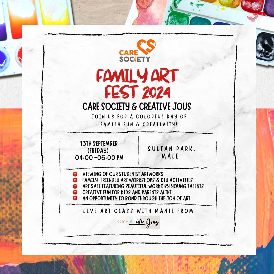 Join us for Family Art Fest—a unique art exhibition and hands-on art experience hosted by Care Society and CreativeJous!

🗓 Date: 13th September 2024 (Friday)
🕒 Time: 4:00 PM - 6:00 PM
📍 Venue: Sultan Park