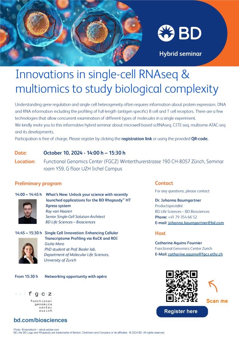 FGCZ (@fgcz_en) on Twitter photo Join us for <a href="/BDBiosciences/">BD Biosciences</a> #Rhapsody User Day at FGCZ on Oct 10! Learn about microwell-based scRNAseq, CITE-seq, multiome ATAC-seq, & more. Don't miss out! 🧬📅
📍FGCZ Zurich 🕒 Oct 10th, 14:00-15:30 🔗 Register: tinyurl.com/mvepbatx Join us for <a href="/BDBiosciences/">BD Biosciences</a> #Rhapsody User Day at FGCZ on Oct 10! Learn about microwell-based scRNAseq, CITE-seq, multiome ATAC-seq, & more. Don't miss out! 🧬📅
📍FGCZ Zurich 🕒 Oct 10th, 14:00-15:30 🔗 Register: tinyurl.com/mvepbatx